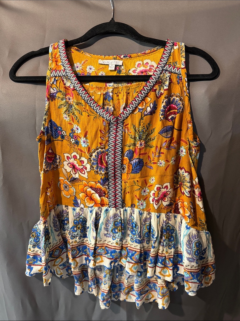 Vintage Havana Mustard Floral Ruffled Tank with Blue Accents